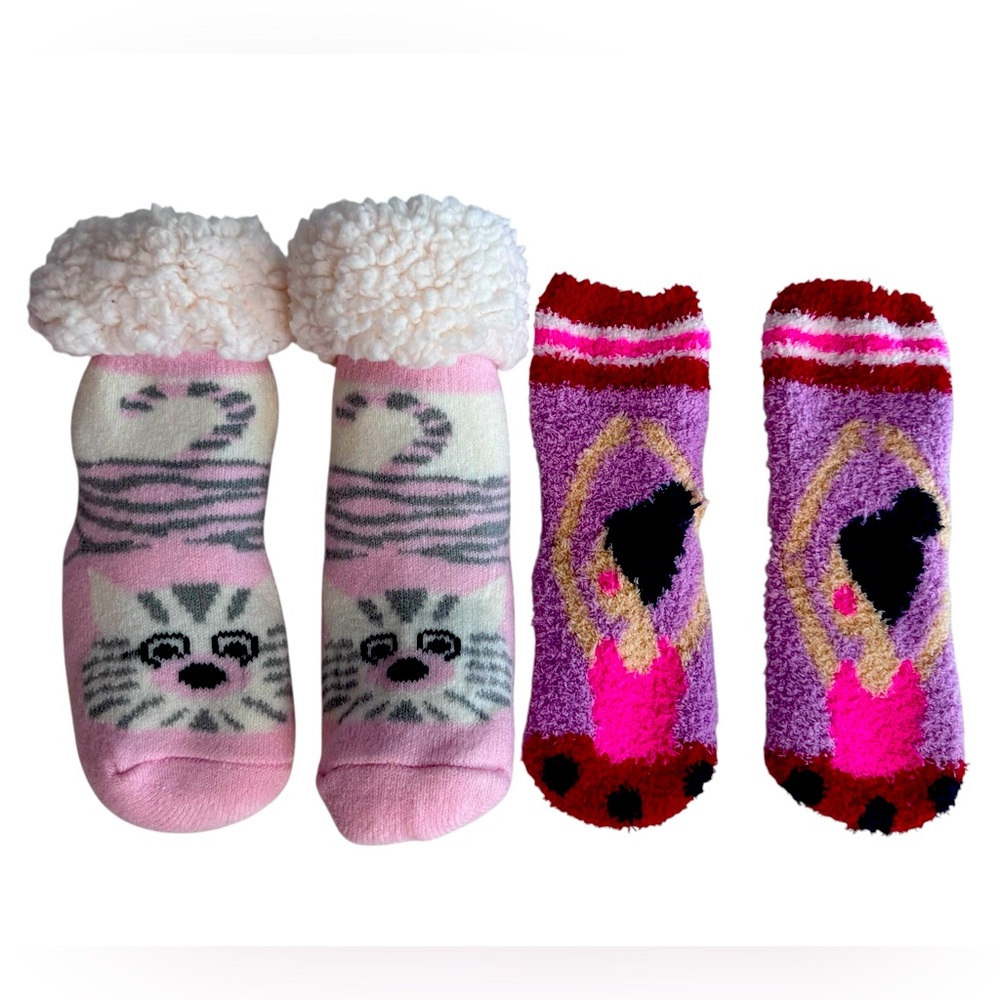 Set of 2 fluffy socks cat with slip resistant feet & ballerina big kid size 1-2
